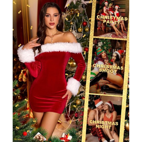 Women's Red Off The Shoulder Long Sleeve Fur Trim Velvet Bodycon Club Mini Dress - Picture 4 of 5